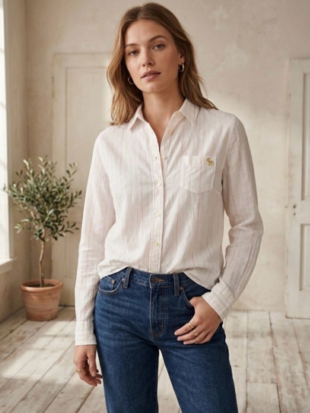 Vintage Abercrombie & Fitch White Shirt With Yellow, Pink & Orange Stripes